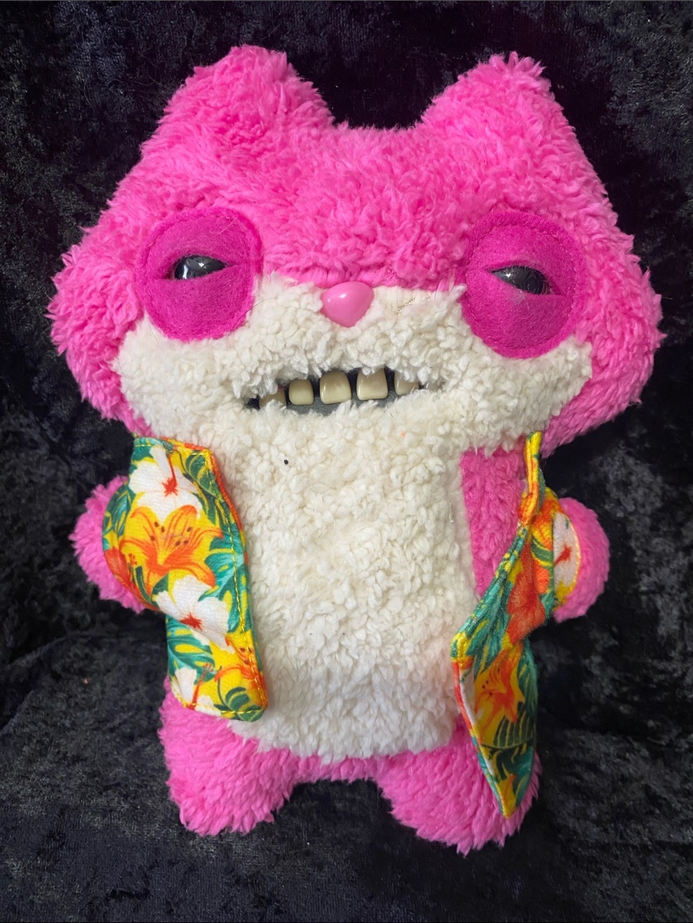 Fuggler Plush Pink Furry Character Toy with Floral Vest